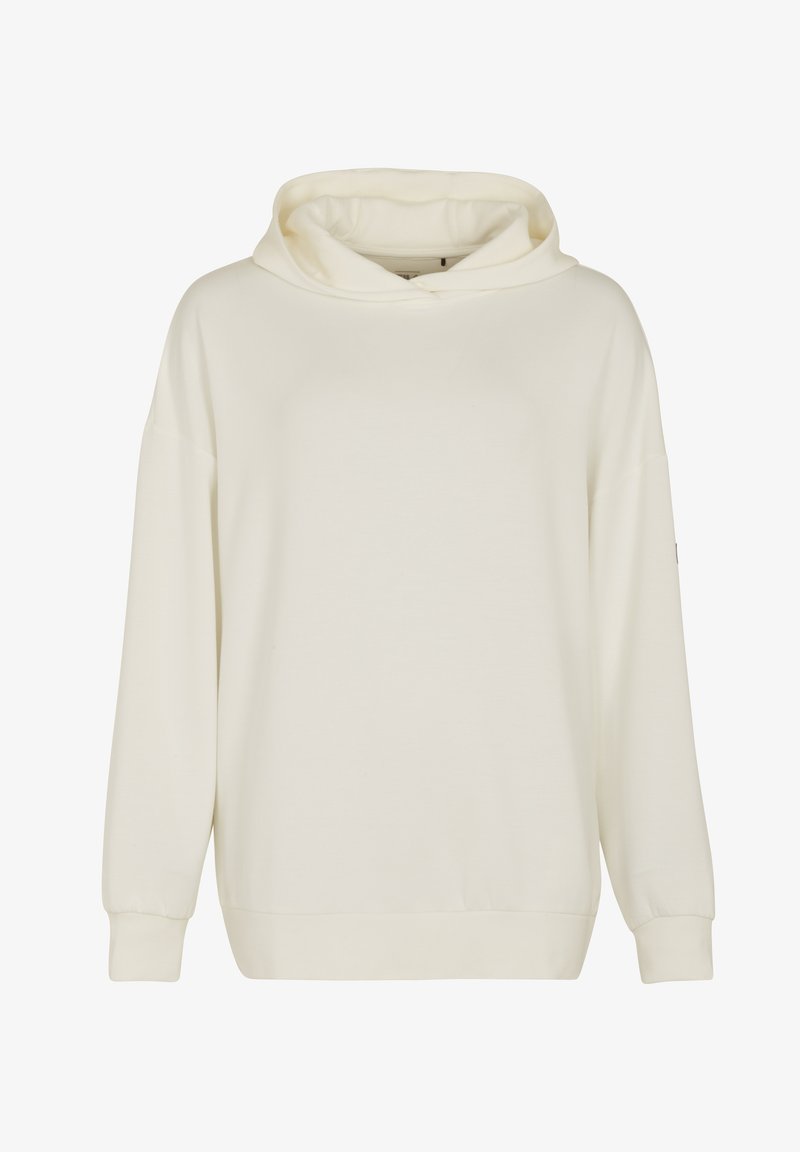 Lichtbeige hoodie van een zachte stof, met een grote capuchon, verlaagde schouders, lange mouwen en een geribbelde zoom. Eenvoudig, minimalistischer ontwerp.