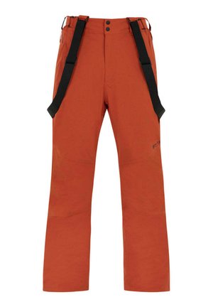 Orange Schneehosen mit schwarzen verstellbaren Trägern, Reißverschluss und zwei Knöpfen. Sie verfügen über verstärkte Knie und ein Logo auf einem Bein.
