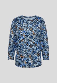 Blaue Bluse mit floralem Muster, dreiviertelärmlig, runder Ausschnitt und einer Mischung aus Blau, Weiß und Braun, aus weichem Stoff gefertigt.