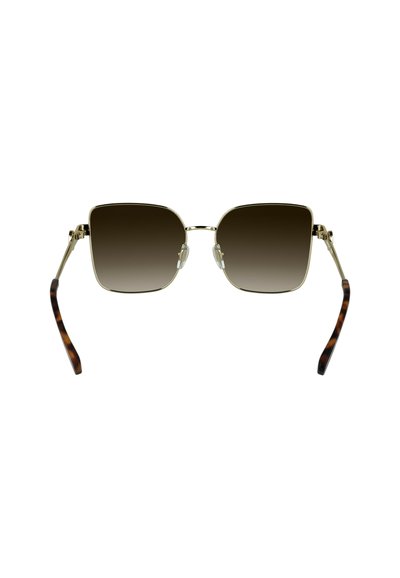 Lunettes de soleil à monture carrée dorée avec des verres teintés bruns dégradés. Motif écaille sur les branches. Accents en métal et plaquettes de nez.
