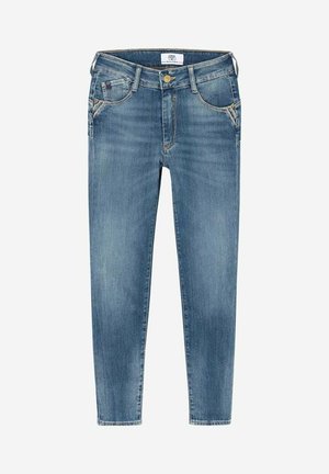 Skinny Jeans aus hellblauem Denim mit einem klassischen Fünf-Taschen-Design, Gürtelschlaufen und einem Reißverschluss mit Knopfverschluss.