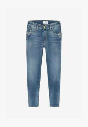 Skinny Jeans aus hellblauem Denim mit einem klassischen Fünf-Taschen-Design, Gürtelschlaufen und einem Reißverschluss mit Knopfverschluss.