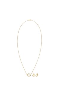 Guld-tone halskæde med en central kløverformet vedhæng, parret med matchende kløvere øreringe. Glat finish, minimalistisk design.