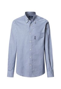 Camisa de manga larga a cuadros en azul y blanco con cuello abotonado, bolsillo en el pecho y mangas con puños; hecha de tela de algodón.