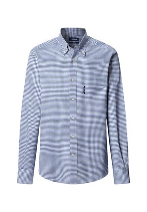 Blauw-wit geruite blouse met lange mouwen, knoopsluiting bij de kraag, borstzak en manchet met knopen; gemaakt van katoen.