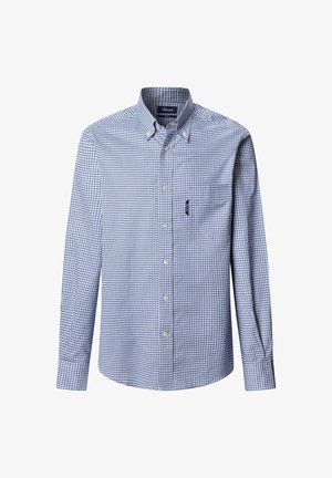 Blauw-wit geruite blouse met lange mouwen, knoopsluiting bij de kraag, borstzak en manchet met knopen; gemaakt van katoen.