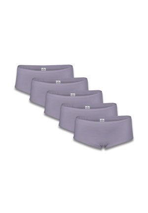 Cinq paires de culottes garçon en tissu lavande avec une texture lisse et un design simple, arborant une étiquette de logo sur la taille.