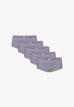 Vijf paren lavendelkleurige boyshort onderbroeken van stof met een gladde textuur en een eenvoudig ontwerp, voorzien van een logolabel op de tailleband.