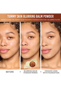 Yummy Skin Blurring Balm Powder: sirkulær kompakt med et lys grønt produkt inni. To før-og-etter ansiktsbilder viser hudens utseende.