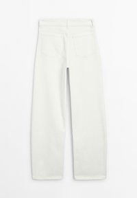 White denim trousers with a straight-leg design, five pockets, and a classic waistband, featuring subtle stitching details.