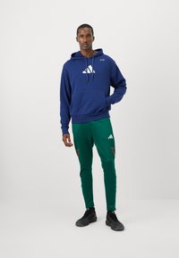 Námornícky modrá mikina s bielym logom, kombinovaná so zelenými nohavicami s červenými trojuholníkovými akcentmi. Model má na sebe čierne tenisky.