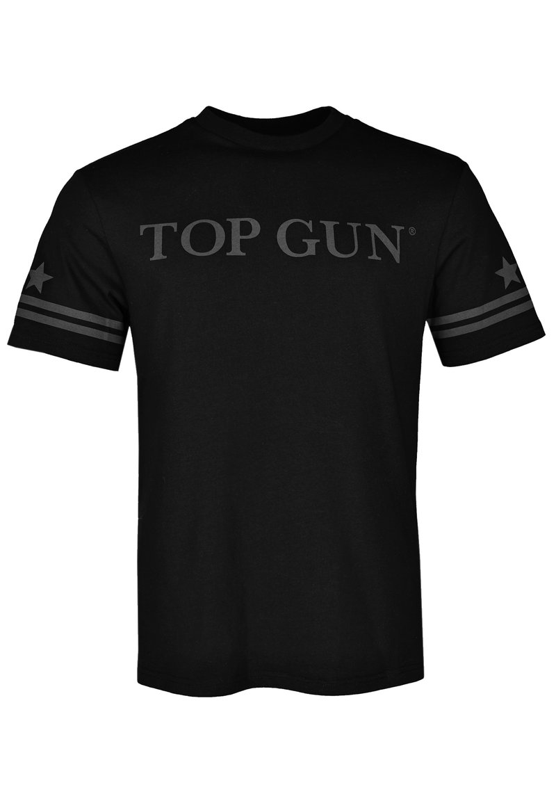 Czarna koszulka bawełniana z dużym szarym napisem "TOP GUN" na piersi oraz szarymi paskami z gwiazdkami na rękawach.