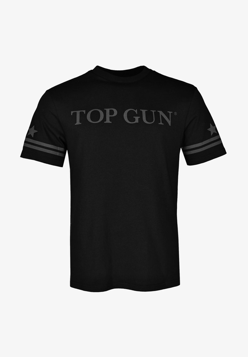 Czarna koszulka bawełniana z dużym szarym napisem "TOP GUN" na piersi oraz szarymi paskami z gwiazdkami na rękawach.