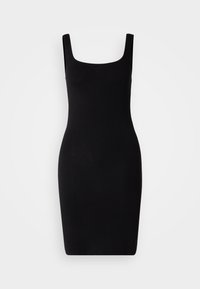 Czarna, bezrękawna sukienka bodycon z kwadratowym dekoltem. Gładki, elastyczny materiał zaprojektowany z myślą o dopasowanej sylwetce. Średniej długości.