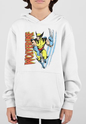 Bílá mikina s kapucí s barevným grafikou Wolverina, která zdůrazňuje žlutou a modrou barvu, detaily drápů a výrazný text "WOLVERINE".