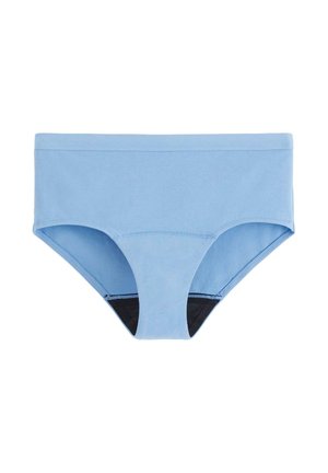 Lyseblå undertøj med høj talje design, lavet af blødt stof. Har sort kant ved benene og minimale sydetaljer.