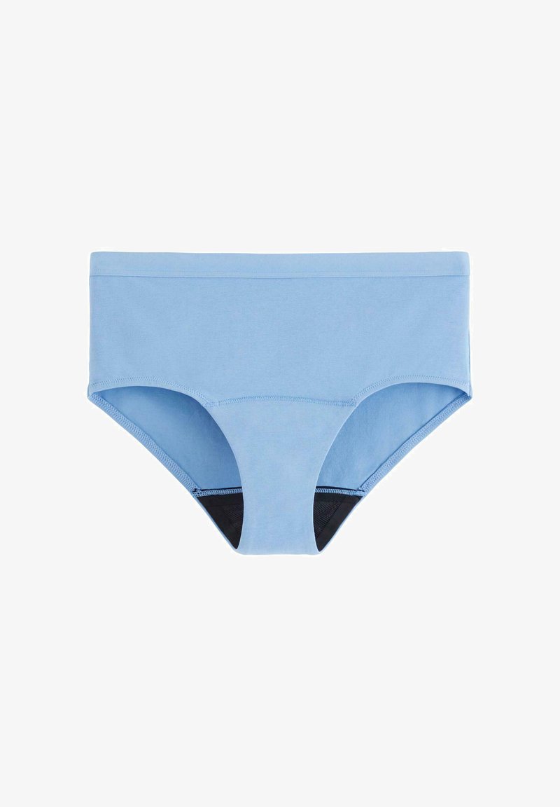 Světle modré spodní prádlo s vysokým pasem, vyrobené z měkké tkaniny. Obsahuje černé lemování na nohavicích a minimální švy.