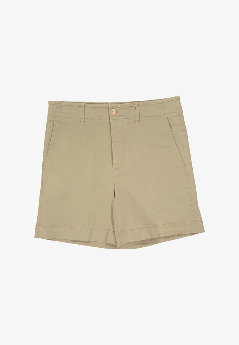 Shorts beige décontractés avec fermeture par boutons, passants pour ceinture, poches latérales et ourlet droit, posés à plat sur un fond blanc.
