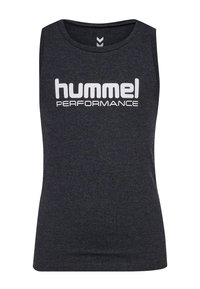 Mörkgrå ärmlös atletisk topp i texturerat material, med en vit "hummel PERFORMANCE"-logotyp tydligt visad på framsidan.