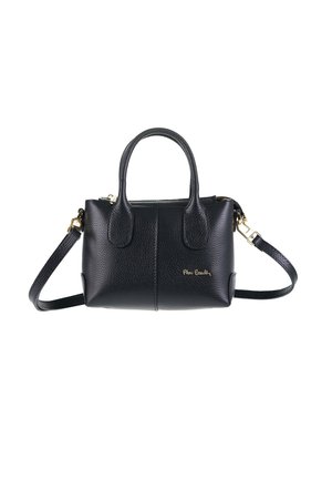 Borsa nera in pelle con finitura testurizzata, manici superiori, tracolla removibile, dettagli in metallo dorato e logo in rilievo sul davanti.