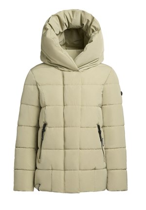 Beige pufferjack met een grote, verzamelde capuchon. Heeft een gestikte patroon en ritszakken aan de zijkant. Vloeiende textuur en een lichtgewicht ontwerp.