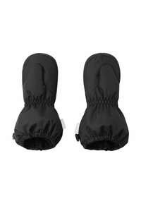 Ein Paar schwarze isolierte Fäustlinge mit elastischen Handgelenkbändern und kleinen weißen Etiketten, die für den Wintereinsatz entworfen wurden.