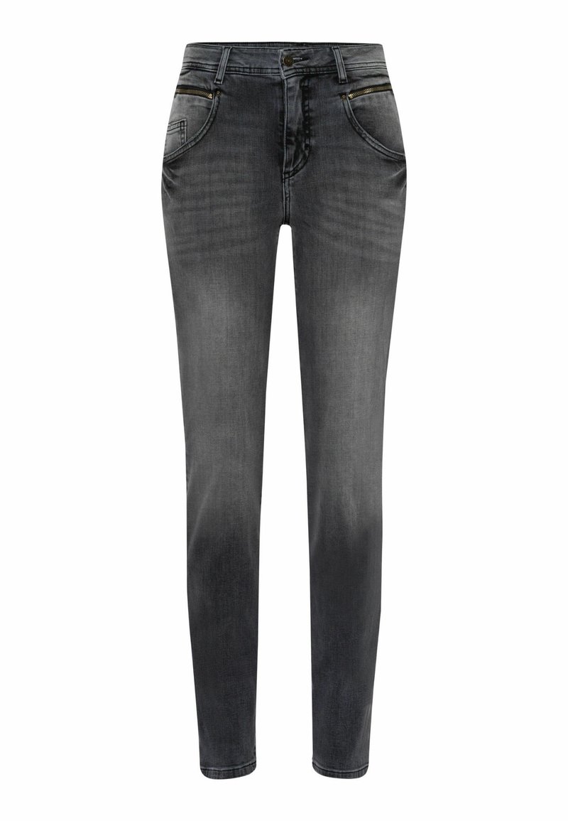 Jean slim en denim gris charbon, doté d'une texture lisse, d'un design classique à cinq poches et d'un léger délavé pour plus de détails.