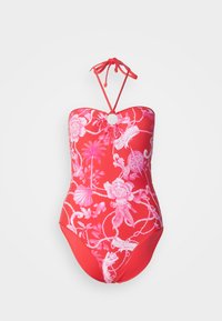 Rød blomsteret en-delt swimsuit med halterneck-stropper, prydet med lyserøde blomster og en central ringdetalje. Glat, strækmateriale med en tætsiddende pasform.