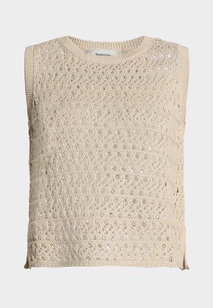 Béžový pletený top bez rukávů s kulatým výstřihem a průsvitným vzorem, s označením Modström uvnitř límce.