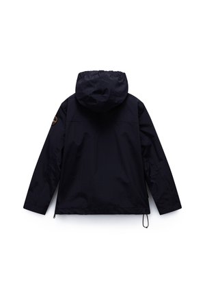 Veste noire à capuche à manches longues, avec cordon de serrage réglable à l'ourlet et patch circulaire sur la manche gauche supérieure, vue de dos.