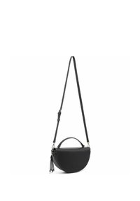 Borsa a tracolla in pelle nera con forma a mezzaluna, manico superiore e tracolla lunga regolabile con dettagli di nappine.