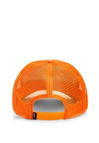 Oranges Netz-Baseballmütze mit einem Kunststoff-Snapverschluss, runder Form und einem gemusterten Design im hinteren Teil.
