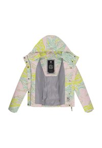 Lightweight jacket with a pastel swirl pattern in pink, green, and yellow. Features a gray inner lining, hood, and snap closures.