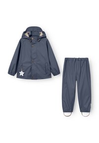 Wasserfeste Kinderregenjacke und -hose Set in Dunkelblau, mit einem Sterne-Akzent auf der Jacke, einer Kapuze und elastischen Bündchen.