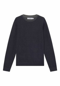 Dunkelgrauer Pullover mit langen Ärmeln, rundem Halsausschnitt und gerippten Details am Kragen und den Bündchen. Weiche Textur und klassisches Passform-Design.