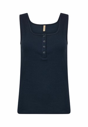 Tamsiai mėlynas vertikalus juostuotas be rankovių marškinėlis su kvadrato formos iškirpte, turintis penkių mygtukų apvalkalą. Lygus, minkštas audinys.