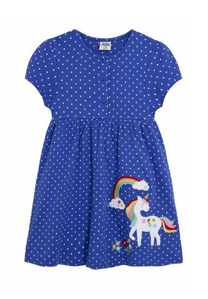 Vestido de algodón azul con mangas cortas, lunares blancos, botones en el frente y un unicornio bordado con un arcoíris y flores en el dobladillo.
