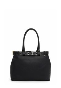 Sort læderhåndtaske med tekstureret overflade, dobbelte håndtag og nitteaccenter på remmen. Kompakt rektangulært design. Guldfarvet hardware-detalje.