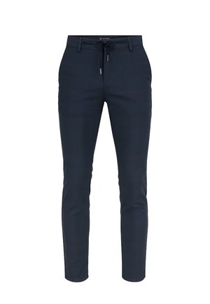 Granatowe spodnie w kratę, zwężane, z elastycznym paskiem w talii i sznurkiem do regulacji oraz gładką teksturą materiału.