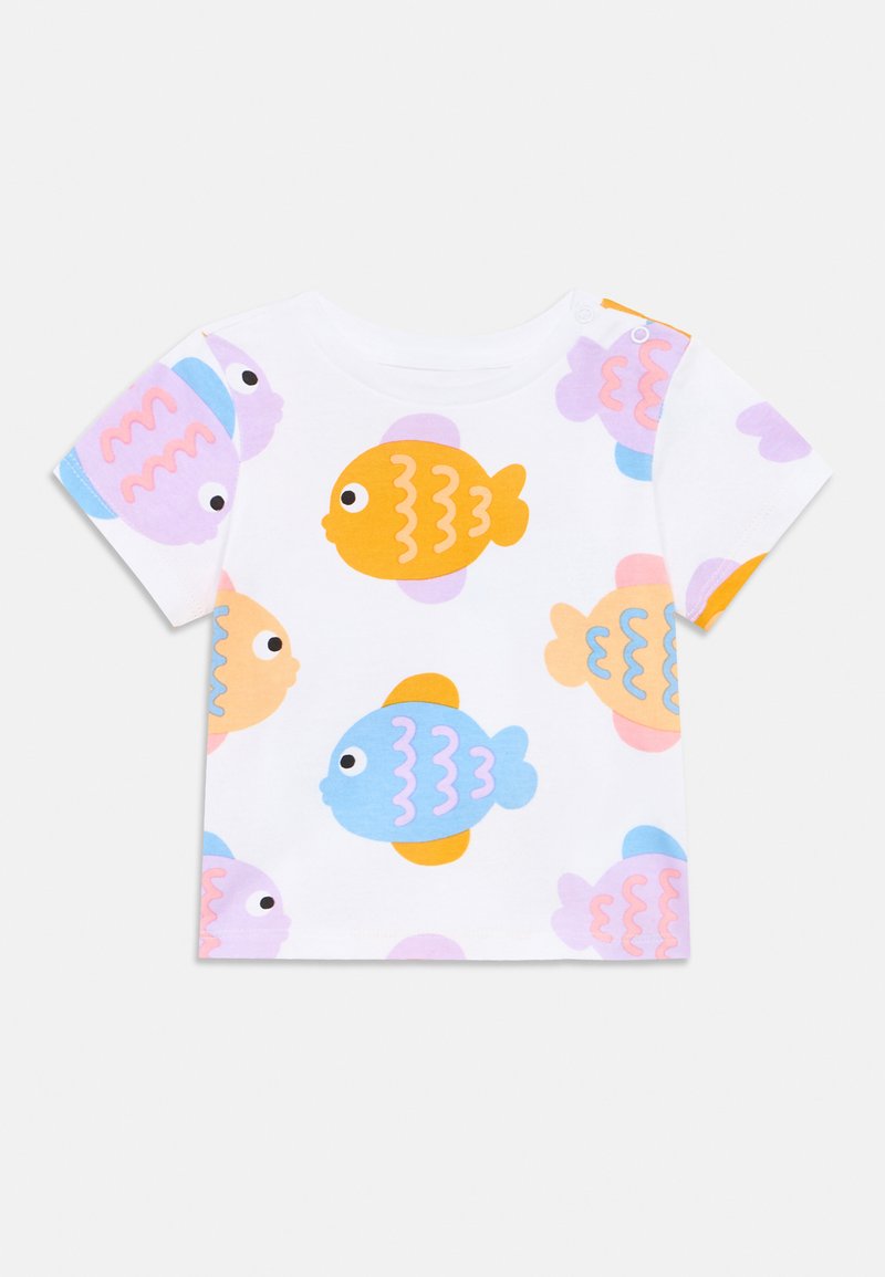 Λευκό μπλουζάκι με κοντά μανίκια που διαθέτει πολύχρωμα σχέδια ψαριών σε πορτοκαλί, ανοιχτό μπλε, ροζ και μοβ. Μαλακό βαμβακερό ύφασμα με κουμπώματα τύπου snap.