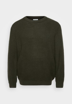 Donkergroene gebreide trui met een textuurpatroon, ronde hals en lange mouwen. Heeft ribgebreide boorden en zoom voor een snug fit.