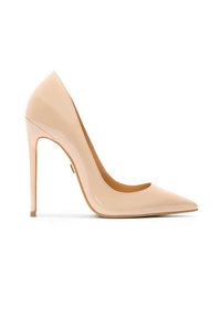 Escarpin en cuir verni beige à bout pointu avec un haut talon aiguille et une finition lisse. Présente un décolleté peu profond et des détails minimaux.