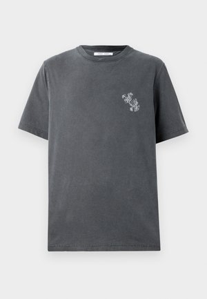 Dark gray cotton t-shirt featuring a round neckline, short sleeves, and a small, light gray graphic on the left chest.