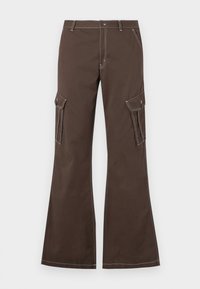 Brown cargo pants with flared legs, featuring side pockets, white stitching accents, and a metal button closure.