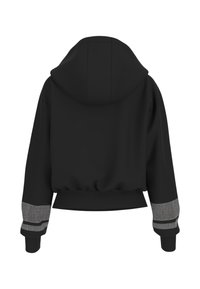 Veste noire à capuche de coupe courte, avec des accents texturés à motif sur les manches. Tissu lisse et poignets côtelés.