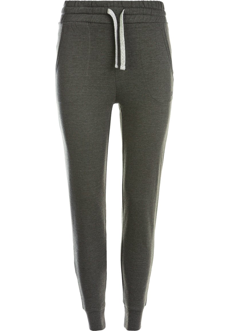 Grå sweatpants gjorda av mjukt tyg, med ett elastiskt midjeband med snörning, sidofickor och smalnande ben.