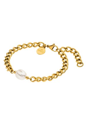 Goldkettenarmband mit einer einzelnen weißen unregelmäßigen Perle und einem kleinen runden Anhänger nahe dem Verschluss.