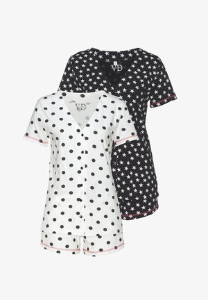 Two sets of sleepwear: one white with black polka dots, the other black with white stars. Both feature short sleeves and a V-neck design.