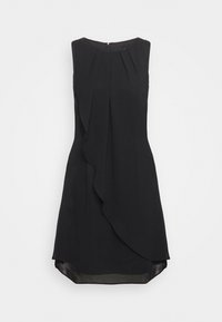 Robe noire sans manches en tissu léger. Présente des détails drapés à l'avant et une finition arrondie, avec une fermeture éclair cachée à l'arrière.