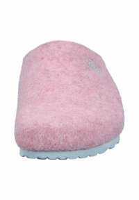 Pink felt slipper with a rounded design, featuring a soft texture and a light blue rubber sole. Includes a small logo detail.